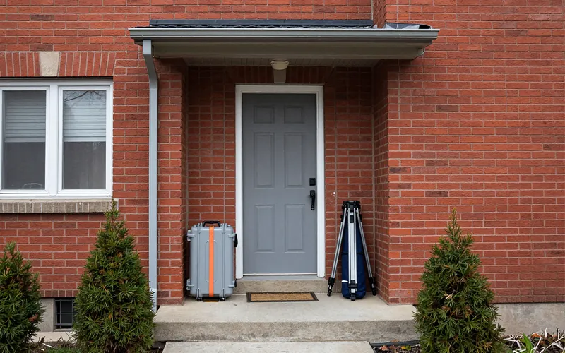 Equipment cases by the front door of a brick house.